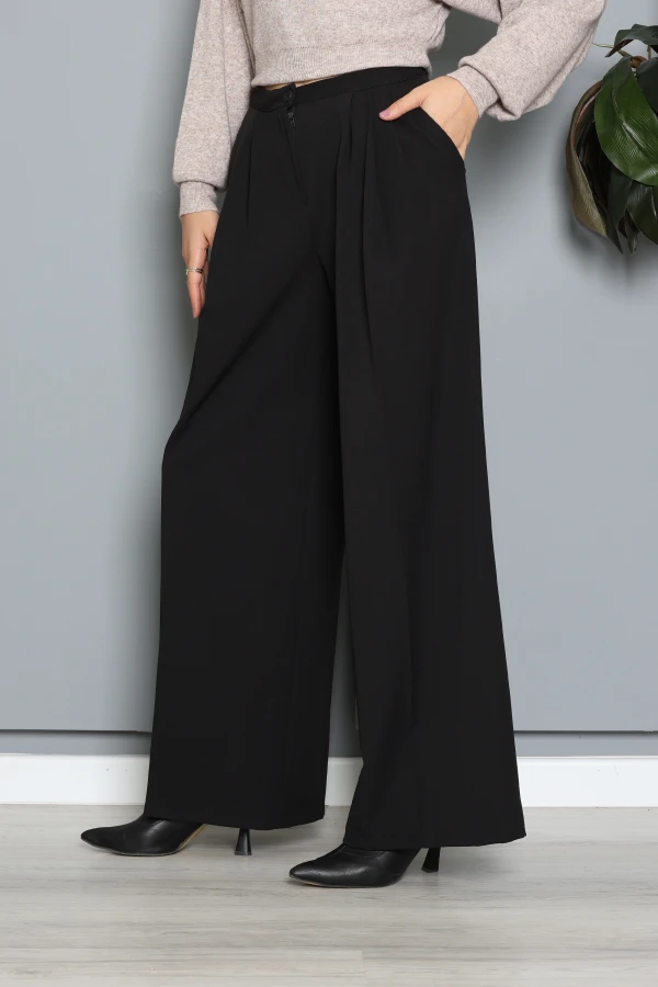 Kadın Siyah Çift Pilili Regular Fit Klasik Pantolon 3