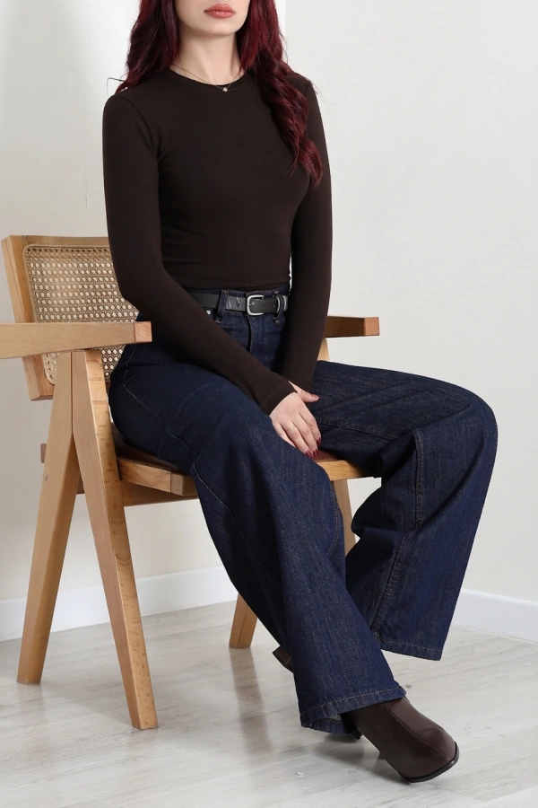 Kadın Acıkahve Bisiklet Yaka Ribana Parmak Geçmeli Body 2