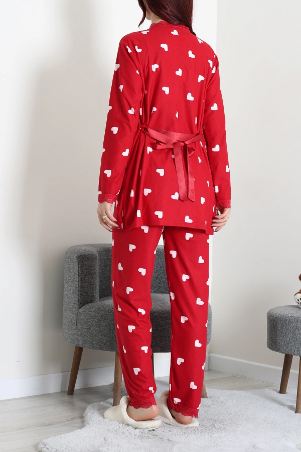 Kadın Kırmızı Beyaz Süet 3'lü Pijama Takımı 7