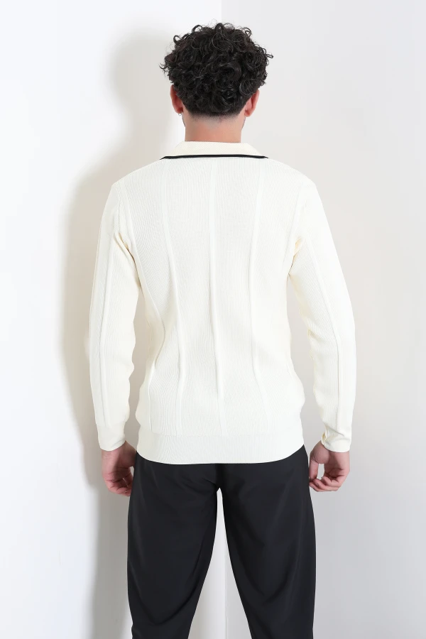 Çizgili Polo Yaka Erkek Triko Sweat Ekru 7