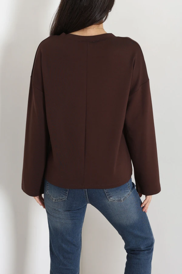 V Yaka Kimono Kol Modal Bluz Acıkahve 8