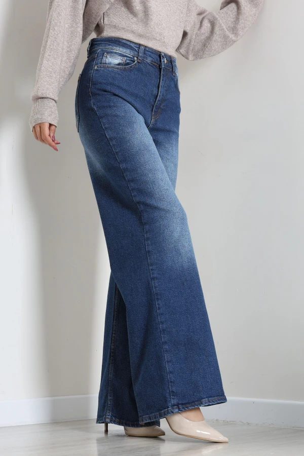 Kadın Koyu Mavi Yüksek Bel Wide Leg Kot Pantolon 5