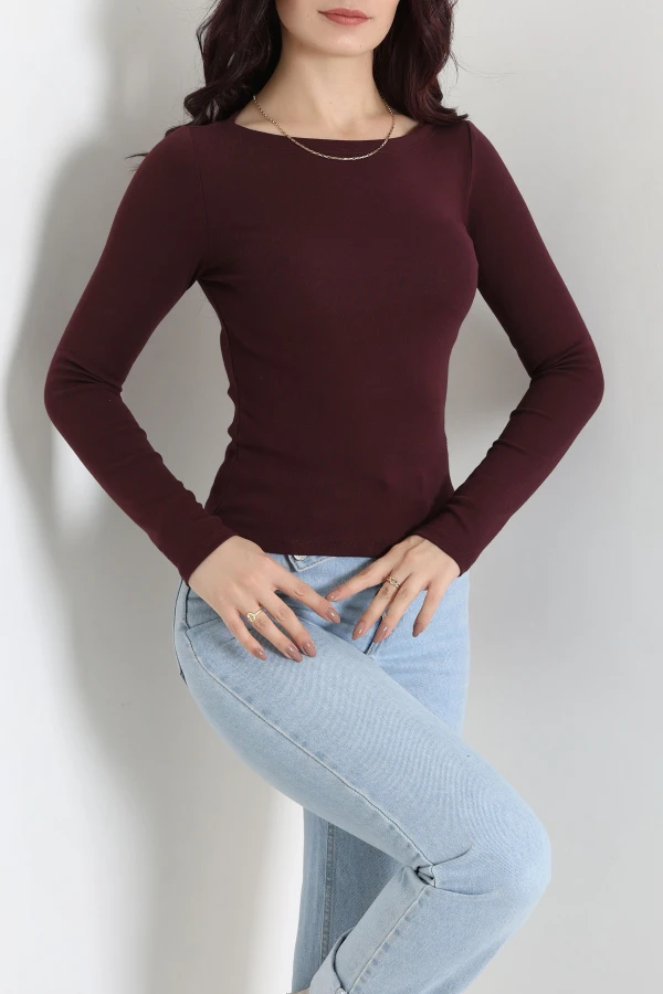 Kadın Mürdüm Kayık Yaka Ribana Basic Body Fitilli Pamuklu 3