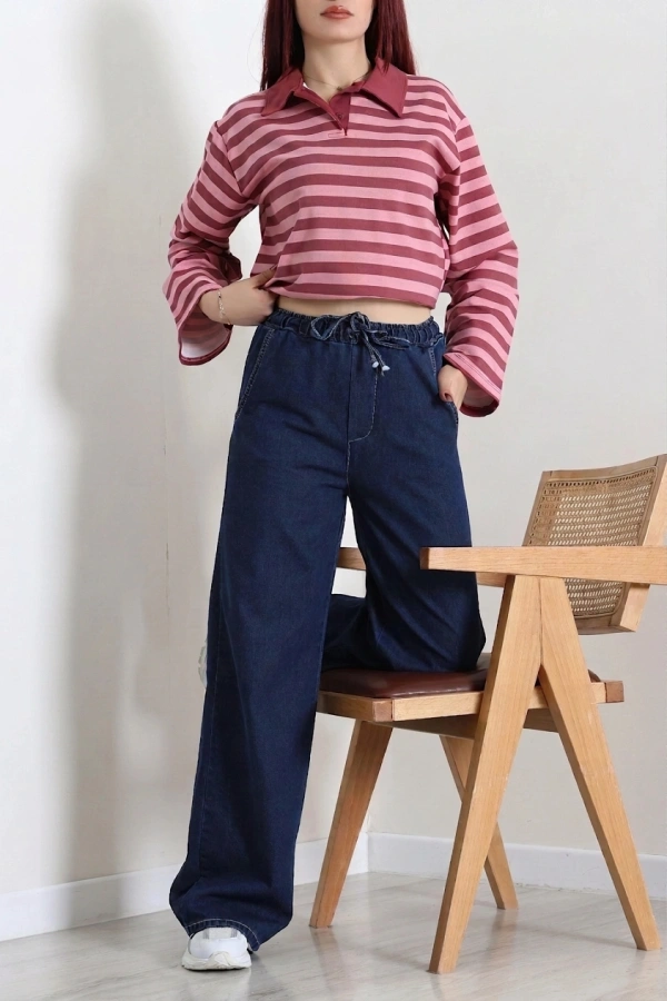 Kadın Koyu Mavi Beli Lastikli Bol Paça Kot Pantolon 2