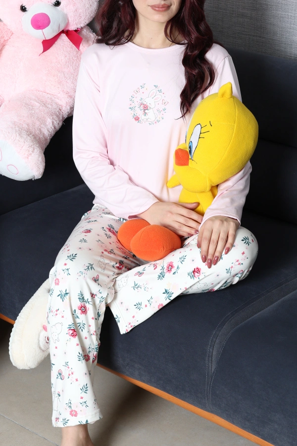 Kadın Pembe Şardonlu Milan Pijama Takımı Rahat Kalıp 2