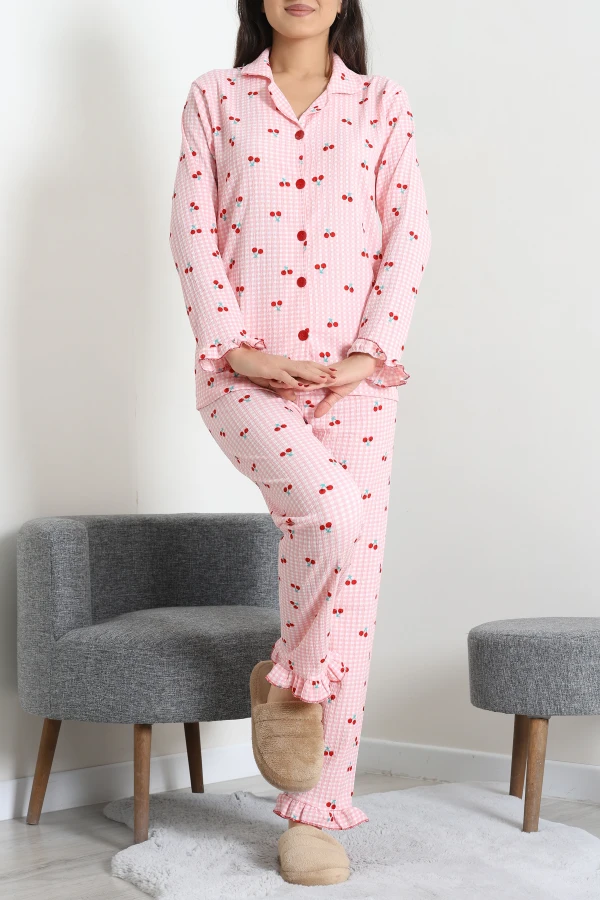 Bürümcük Düğmeli Pijama Takımı Somonbeyaz 6