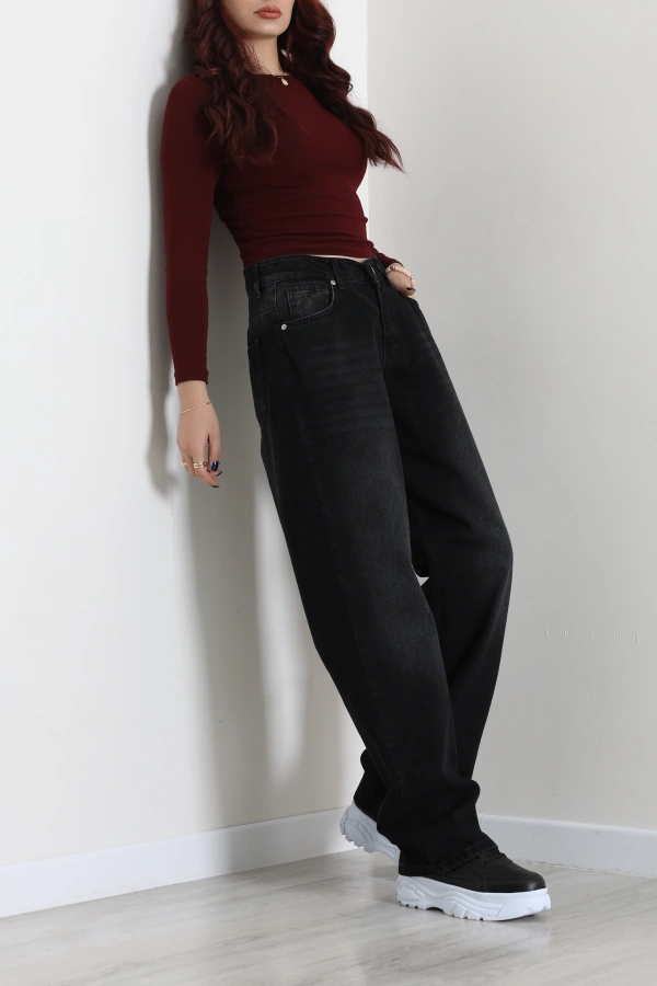 Kadın Koyu Füme Baggy Fit Yüksek Bel Kot Pantolon 3