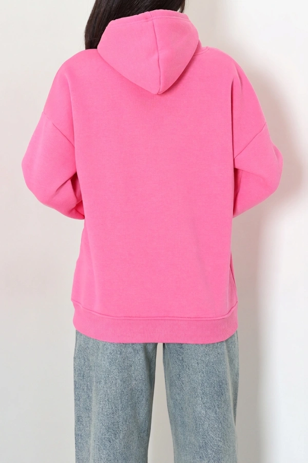 Kadın Pembe Üç İplik Kapüşonlu Baskılı Rahat Kalıp Sweat 8
