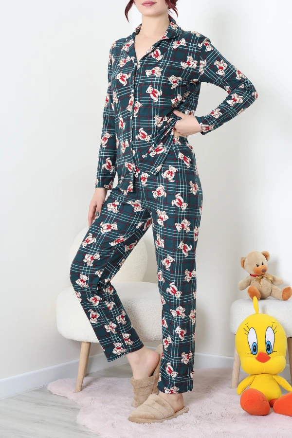 Süet Düğmeli Pijama Takım Zümrüt 5