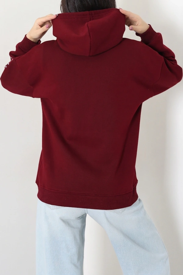 Kadın Bordo Kapüşonlu Baskılı Oversize Sweat Tunik 8