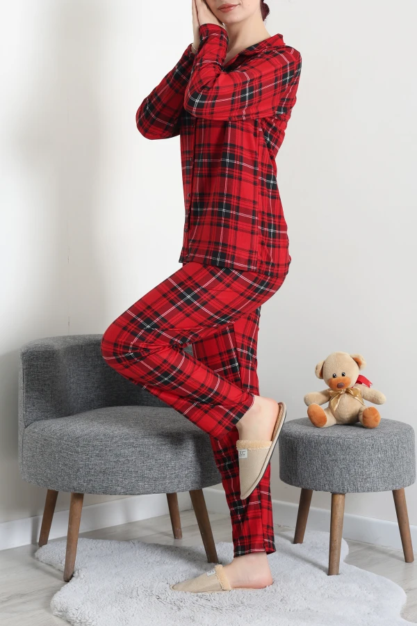 Kadın Kırmızı Ekose Süet Düğmeli Pijama Takımı 6