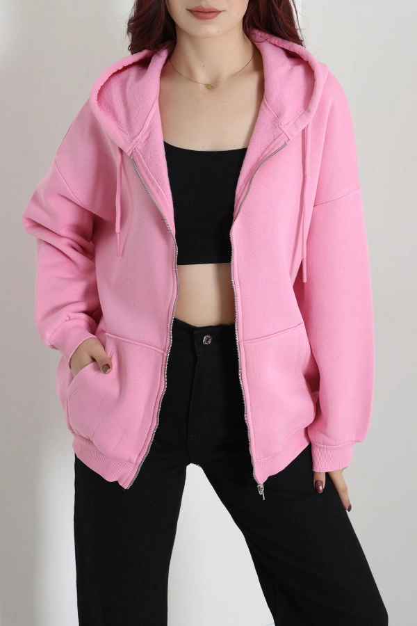 Kadın Pembe 3 İplik Şardonlu Fermuarlı Salaş Sweat