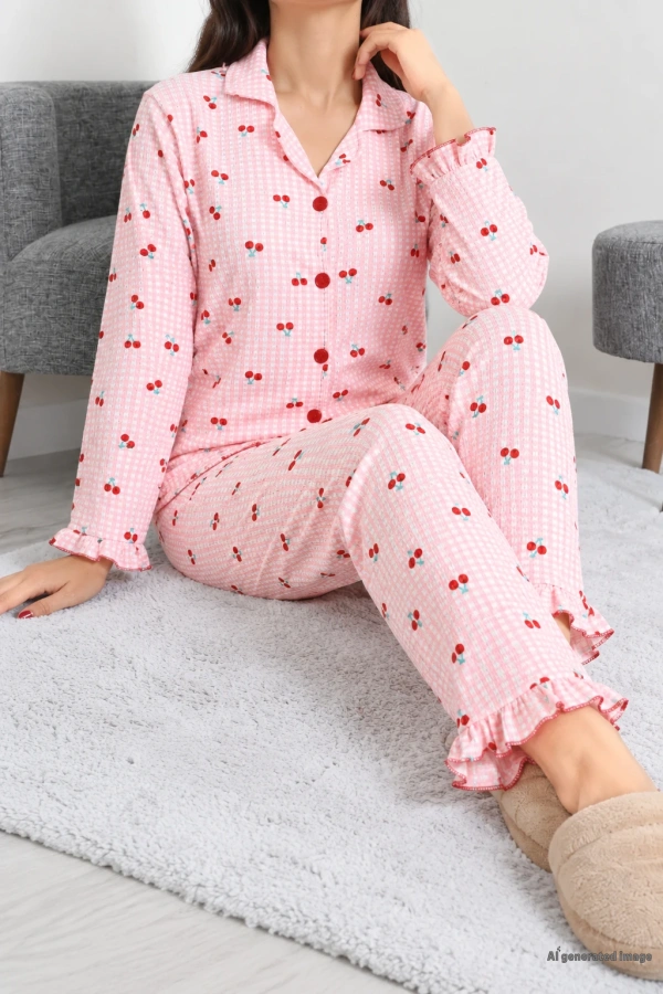 Bürümcük Düğmeli Pijama Takımı Somonbeyaz