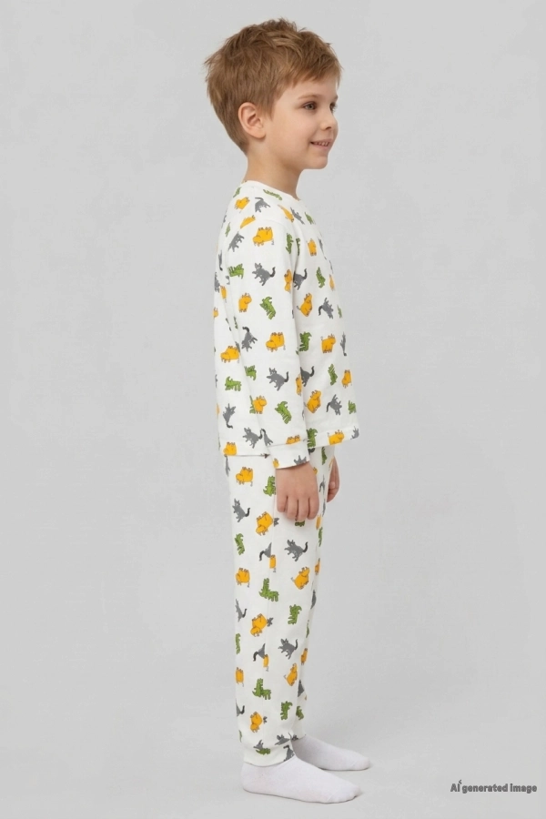 Erkek Çocuk Beyaz Turuncu Pamuklu Rahat Kalıp Pijama Takımı 2