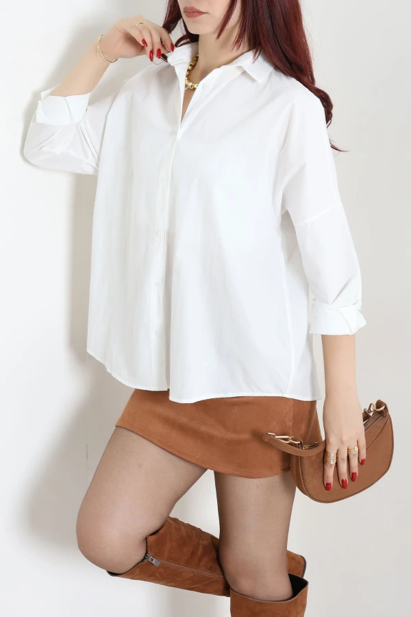 Oversize Poplin Gömlek Krem 3