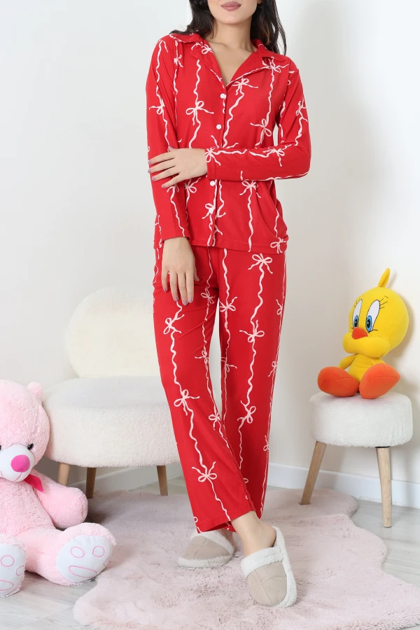 Süet Düğmeli Pijama Takımı Kırmızı 4