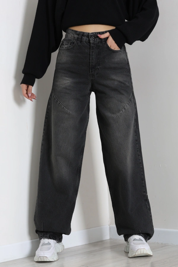 Kadın Füme Tokalı Baggy Fit Yüksek Bel Kot Pantolon 2
