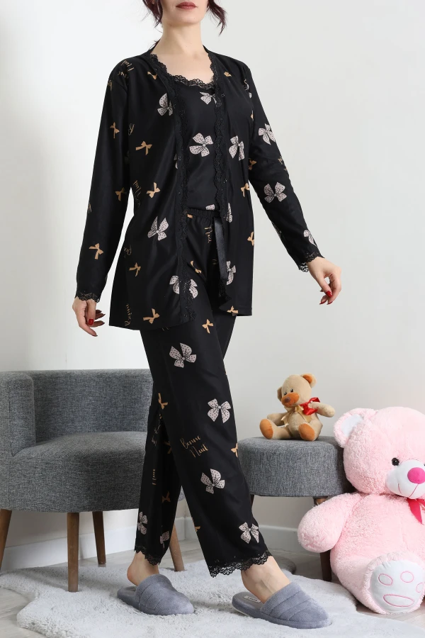 Süet 3'Lü Pijama Set Siyahbej 4