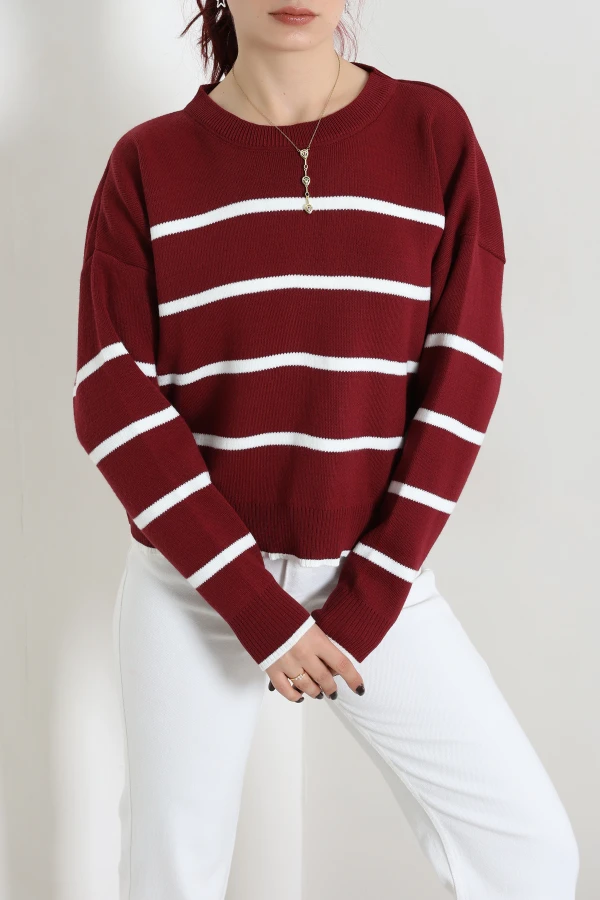 Kadın Bordo Çizgili Crop Triko Fitilli Yaka Uzun Kollu