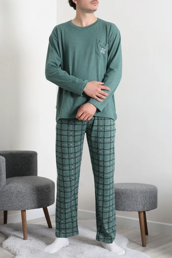 Erkek Yeşil Ekose Süprem Uzun Kol Cepli Bisiklet Yaka Pijama Takımı 5