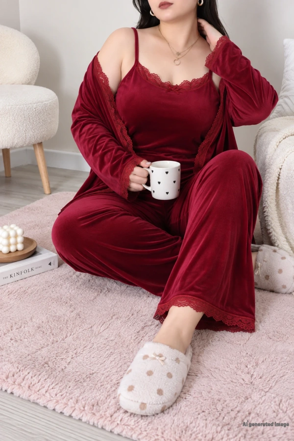 Fransız Kadife Battal Pijama Takımı Bordo