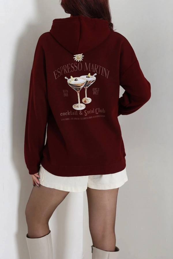 Kadın Bordo Üç İplik Kapüşonlu Baskılı Sweat Tunik 8