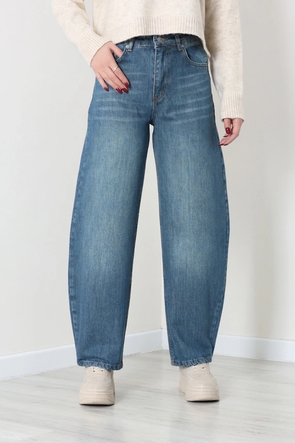 Kadın Yeşil Barrel Fit Yüksek Bel Kot Pantolon