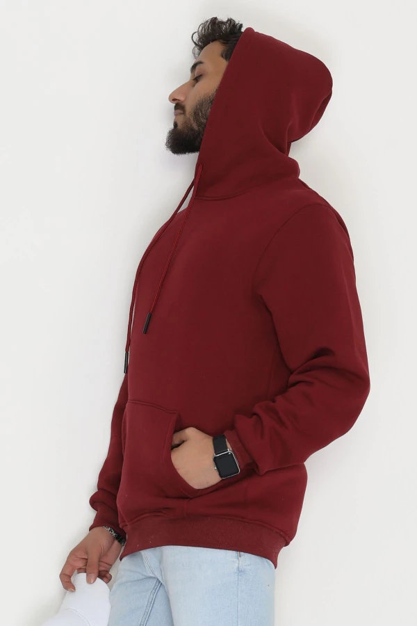 Kanguru Cepli Şardonlu 3 İplik Erkek Sweat Bordo 6