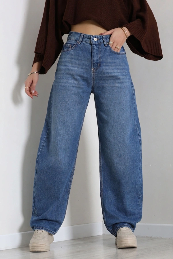 Kadın Mavi Baggy Fit Yüksek Bel Bol Paça Kot Pantolon 2