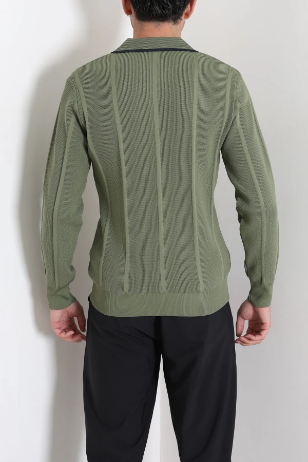 Çizgili Polo Yaka Erkek Triko Sweat Haki 8