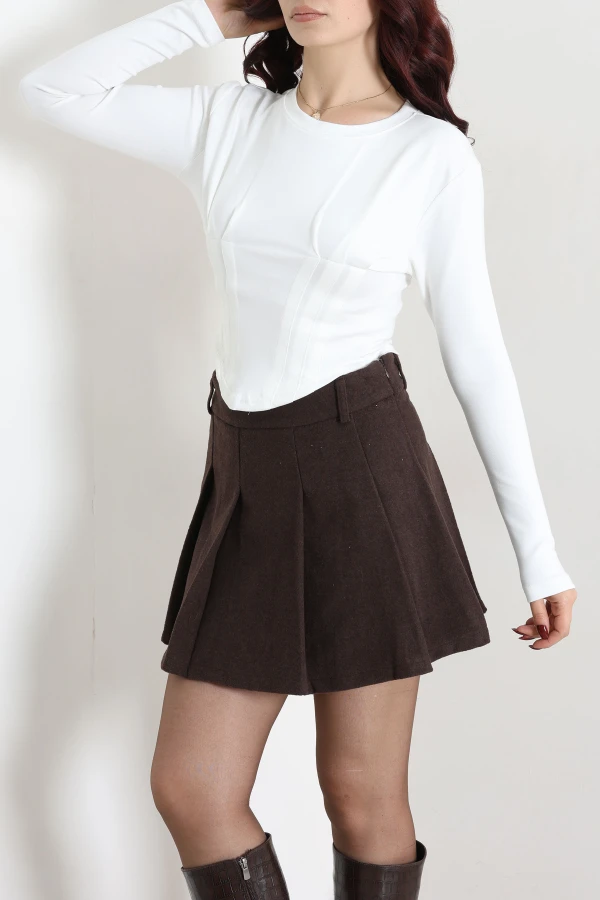 Pileli Modal Crop Bluz Ekru 5