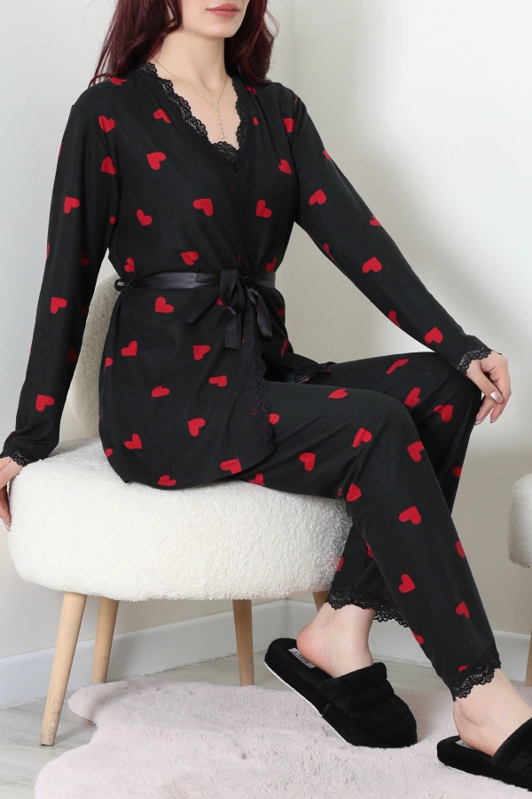 Süet 3'Lü Pijama Set Siyahkırmızı 4