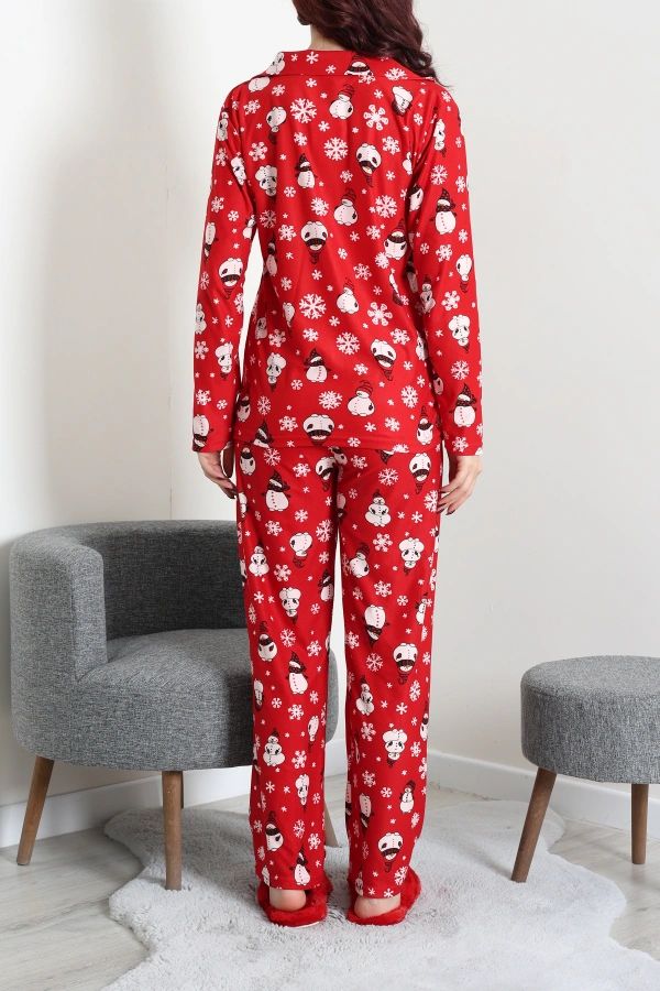Kadın Kırmızı Beyaz Süet Düğmeli Rahat Pijama Takımı 8