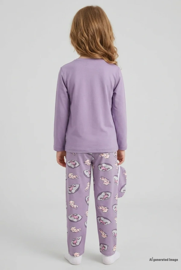 Çocuk Mor 5-9 Yaş Pijama Takımı Uzun Kollu Pamuklu 3