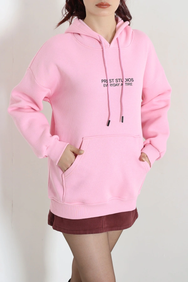 Kapşonlu Baskılı Sweat Pembe 3