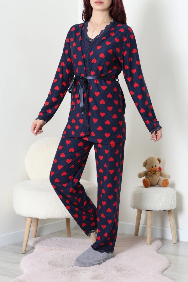 Süet 3'Lü Pijama Set Lacivertkırmızı 5