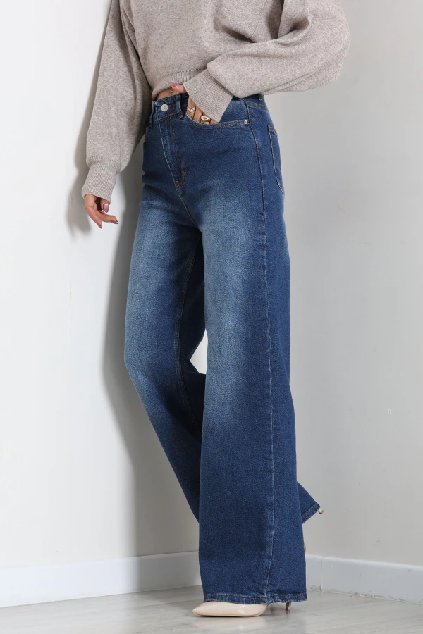 Kadın Koyu Mavi Yüksek Bel Wide Leg Kot Pantolon 3