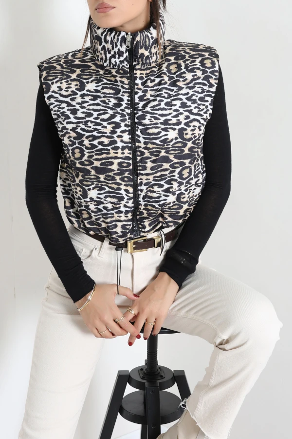 Kadın Siyah Leopar Desenli Çift Taraflı Crop Yelek 5