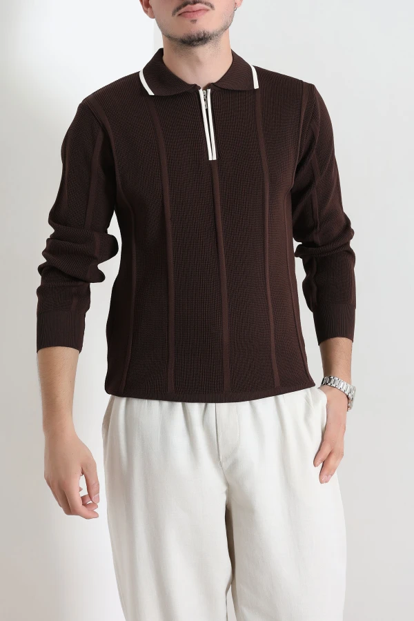 Çizgili Polo Yaka Erkek Triko Sweat Kahve 4