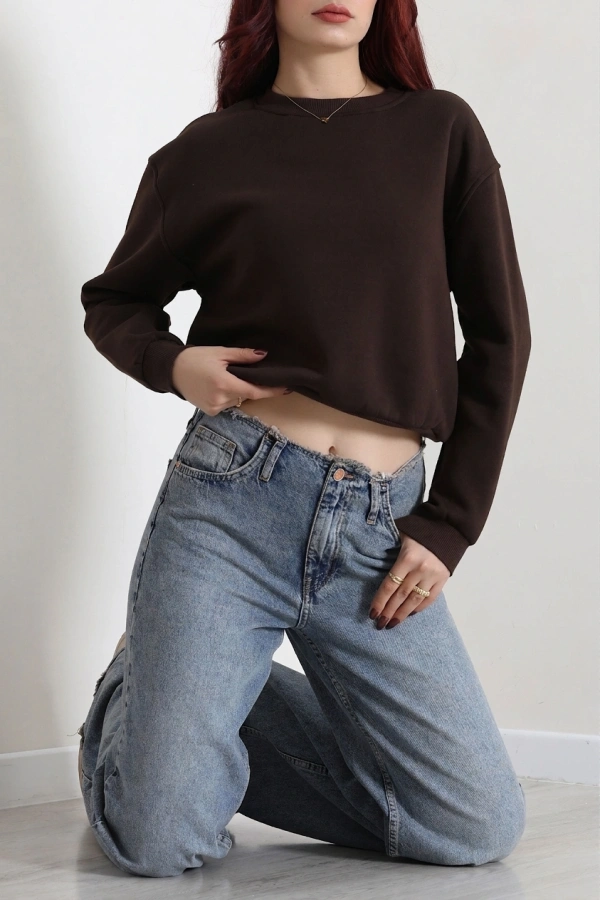 Kadın Kahve 3 İplik Bisiklet Yaka Şardonlu Sweatshirt 2