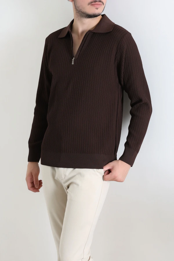 Fermuarlı Polo Yaka Erkek Triko Sweat Kahve 2