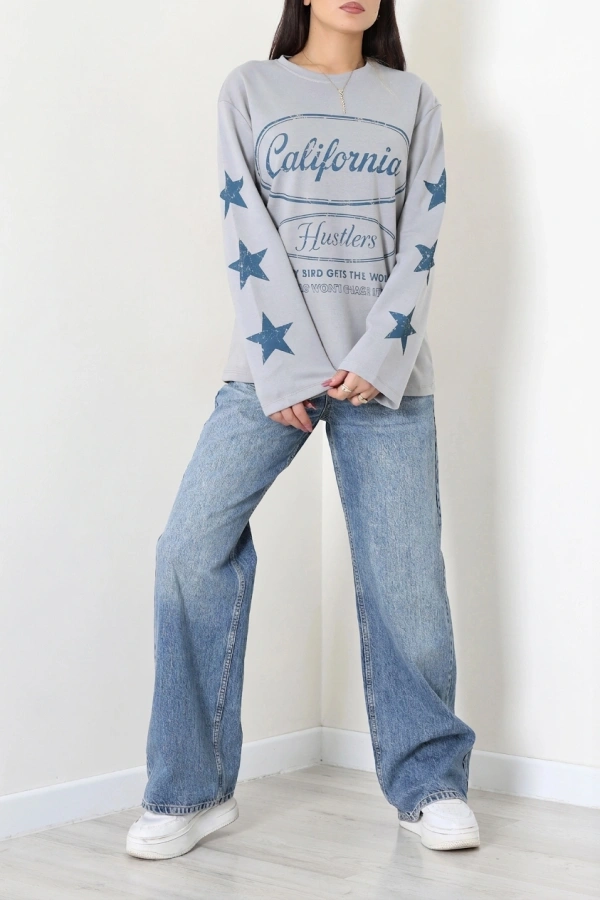 Kadın Dumangri 2 İplik Baskılı Bisiklet Yaka Sweatshirt 6