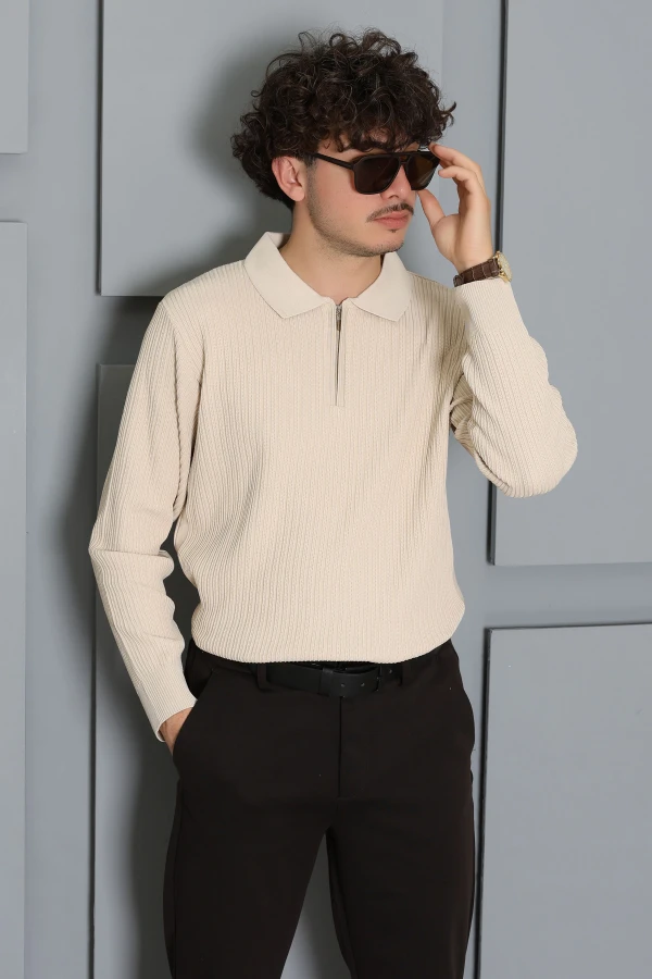 Fermuarlı Polo Yaka Erkek Triko Sweat Taş 4
