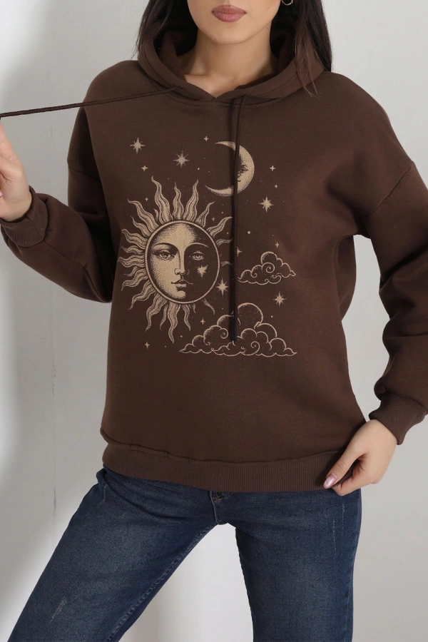 Kadın Kahve Üç İplik Kapüşonlu Baskılı Oversize Sweat 3