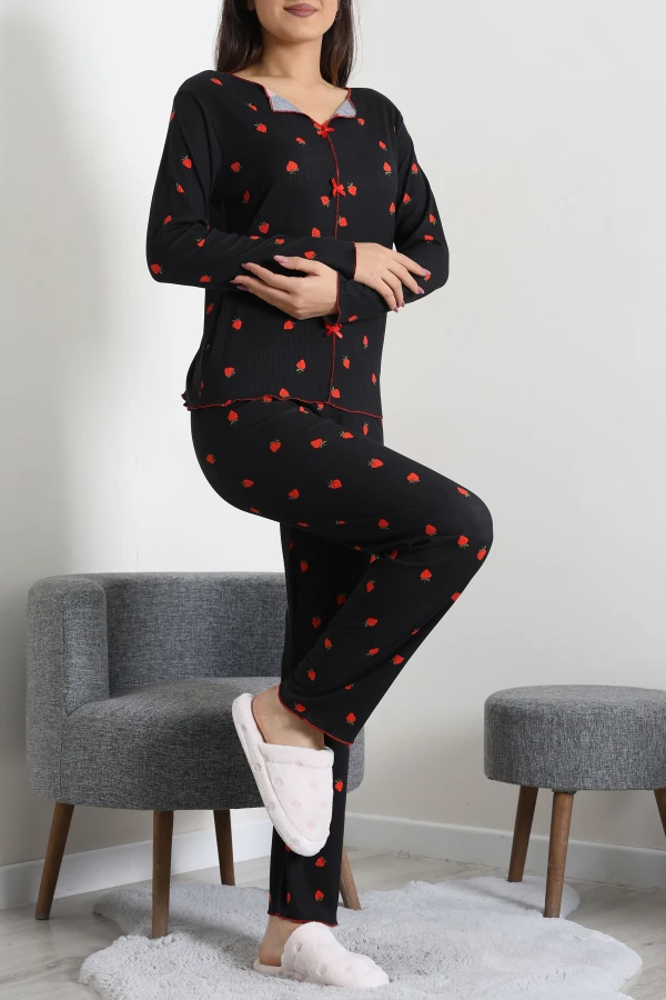 Kadın Siyah Kaşkorse Askılı Fitilli Pijama Takımı 2