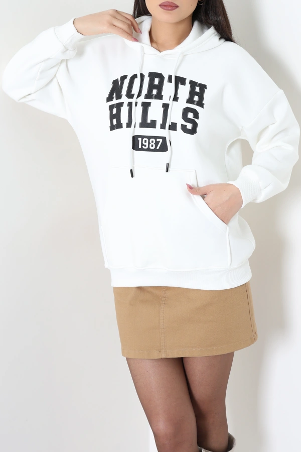 Kadın Ekru Kapüşonlu Baskılı Sweat Tunik 3