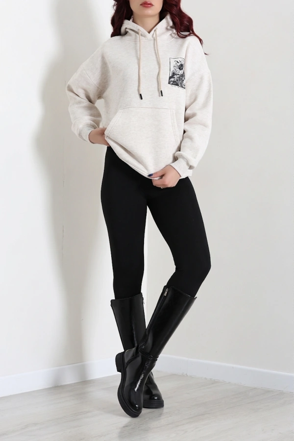 Kadın Bej Kapüşonlu Baskılı Oversize Sweat Tunik 2