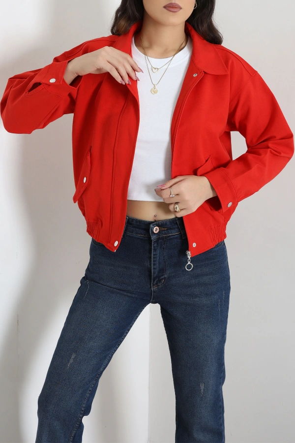 Likralı Dokuma Kumaş Bomber Ceket Kırmızı