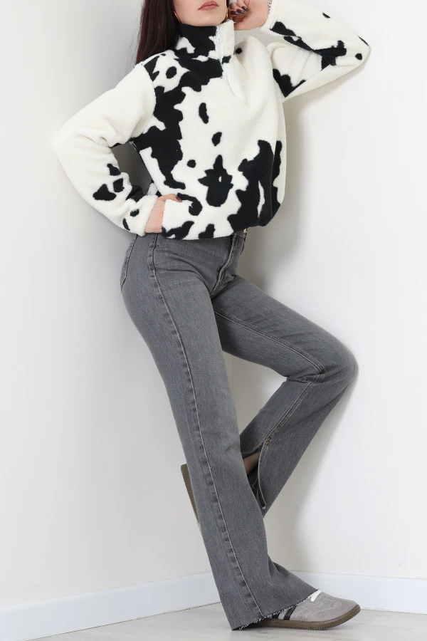 Kadın Ekru Oversize Yarım Fermuarlı Peluş Sweatshirt Tunik 2
