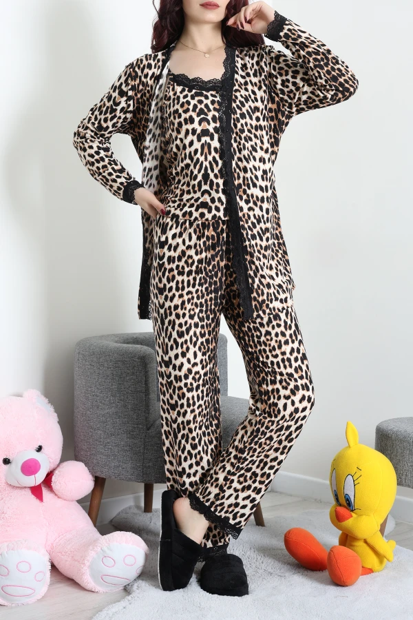 Süet 3'Lü Pijama Set Leopar 8